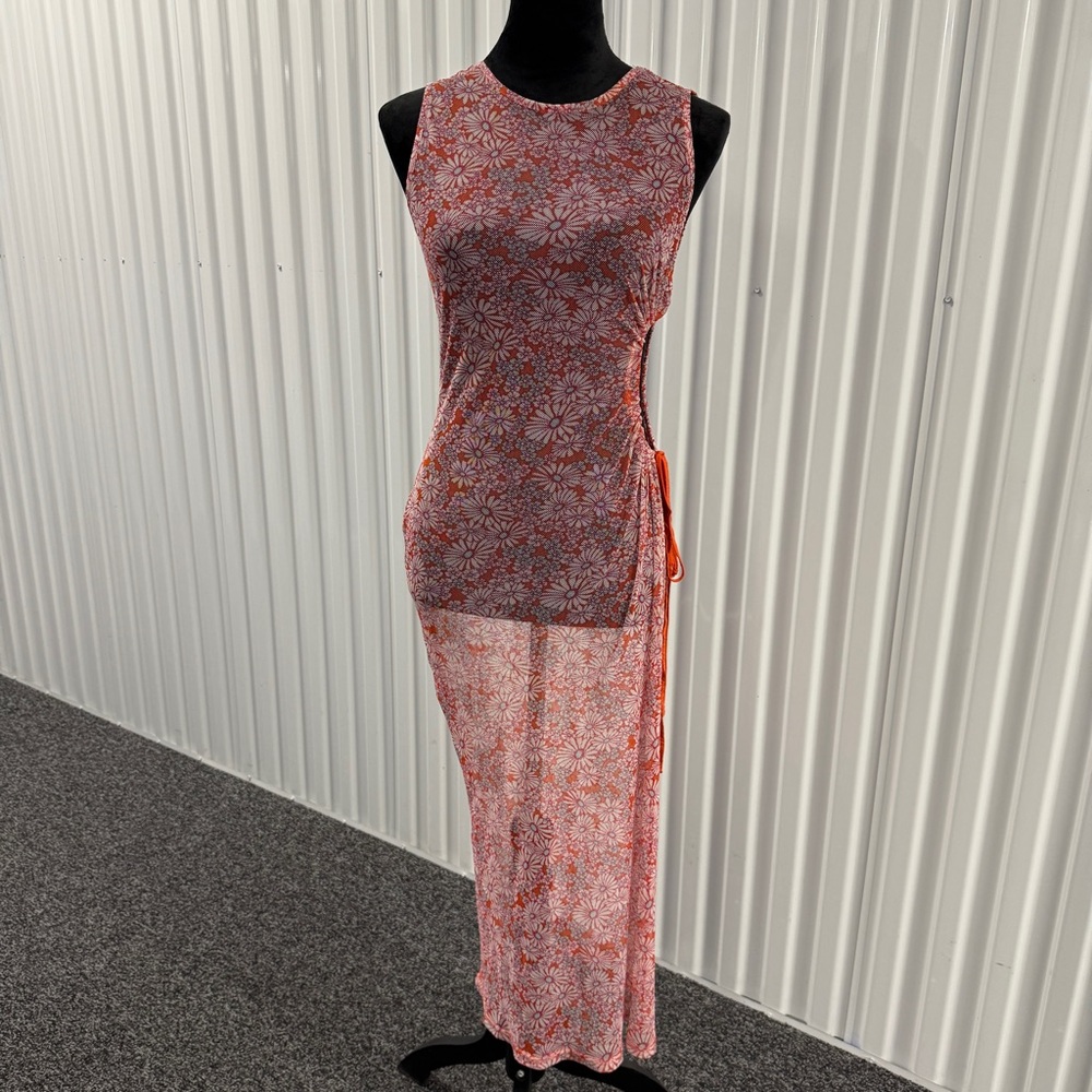 Forever 21 Women’s Orange Floral Sheer Mesh Maxi Sleeveless Dress Size Large - Picture 1 of 6